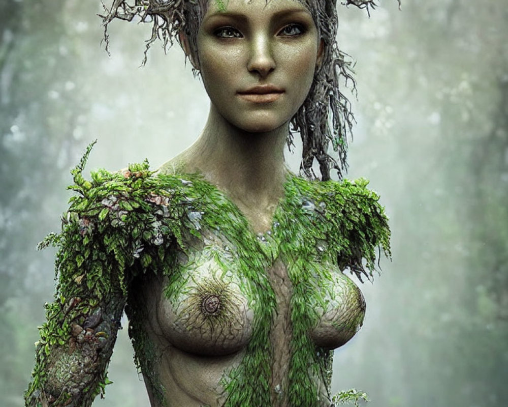 Mystical female figure with tree-branch antlers in forest setting