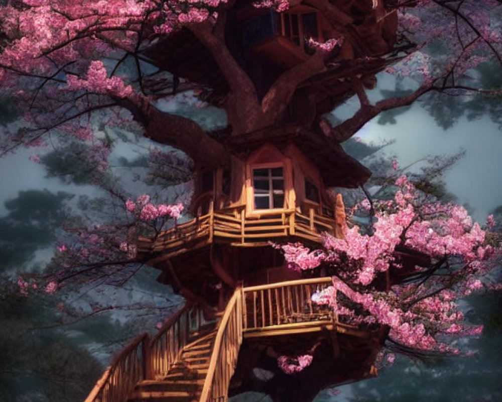 Cherry Blossom Treehouse at Twilight with Wooden Staircase