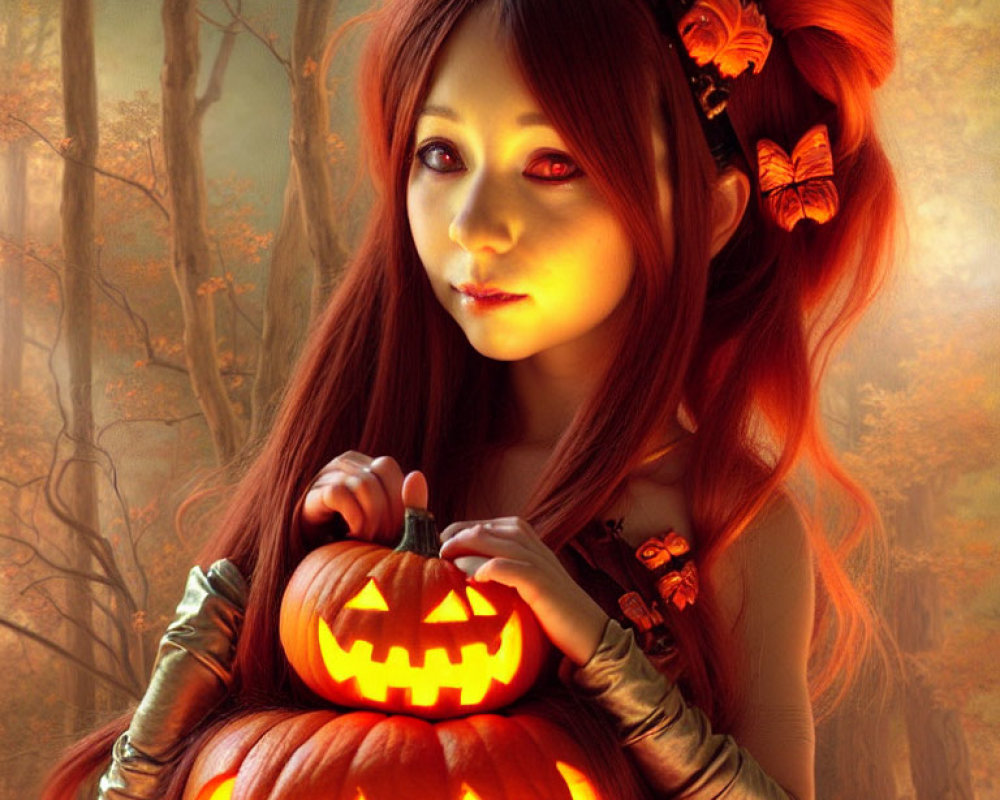 Red-haired woman holding a glowing jack-o'-lantern in mystical forest