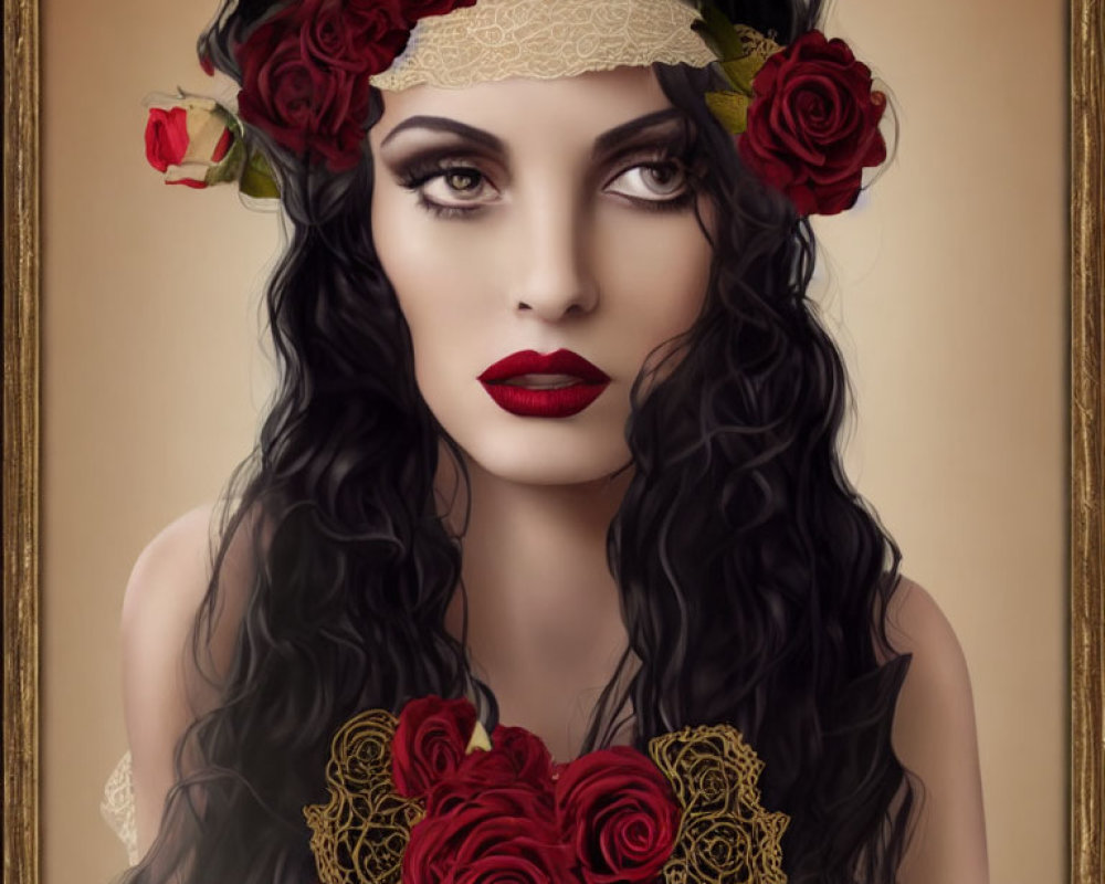 Portrait of Woman with Dark Curly Hair and Red Rose Headband