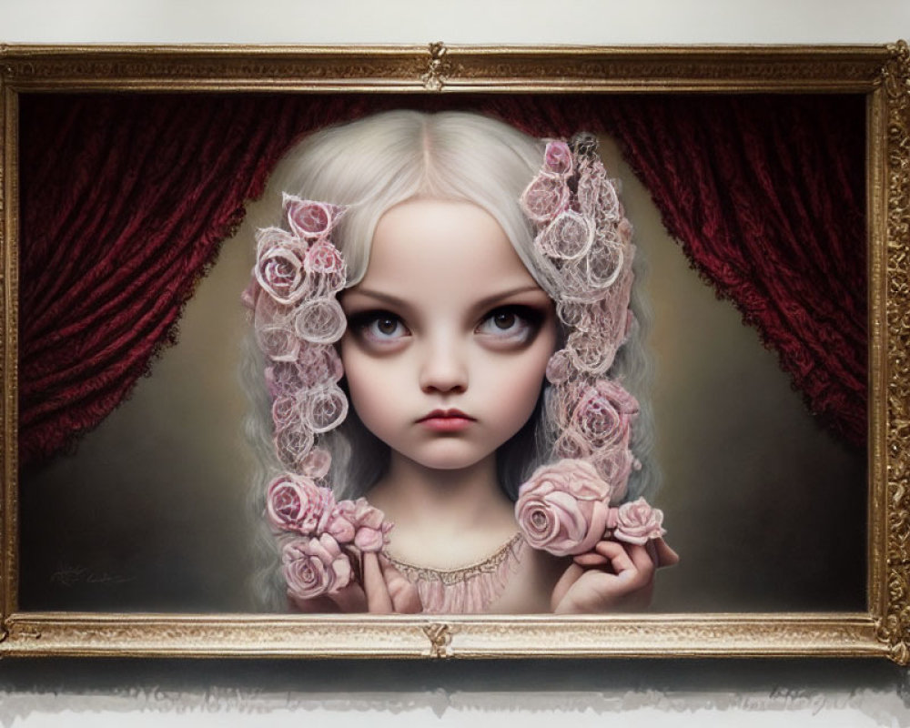 Portrait of a girl with big eyes surrounded by pink roses and lace in a dark setting.