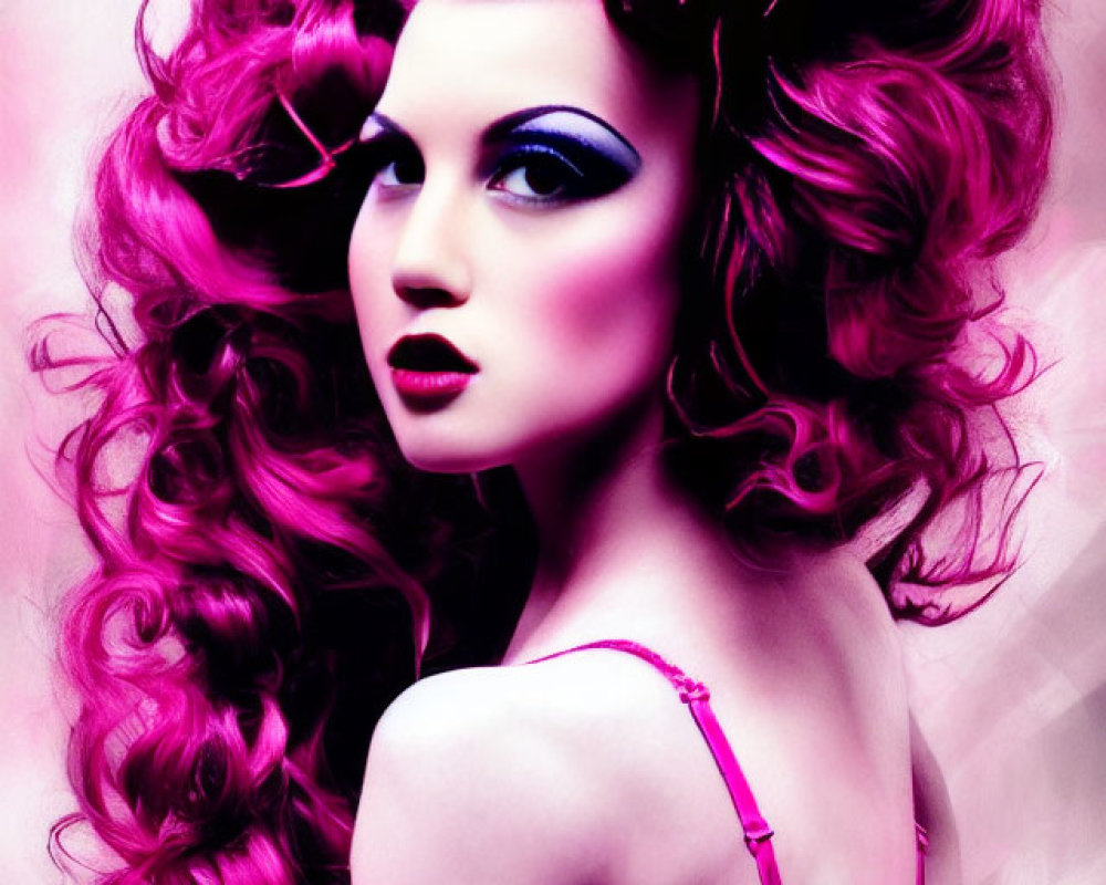 Voluminous pink curls woman with dramatic makeup and lacy top on pink backdrop