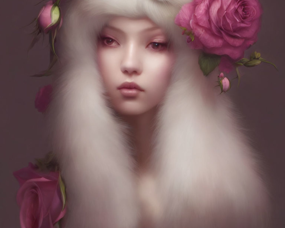 Portrait of person with pale skin, pink roses in hair, white fur collar, and rabbit on shoulder