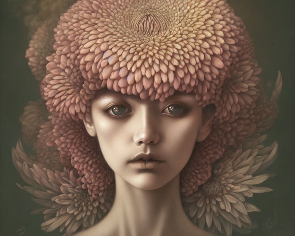 Person with Large, Ornate Flower Headdress and Serene Expression