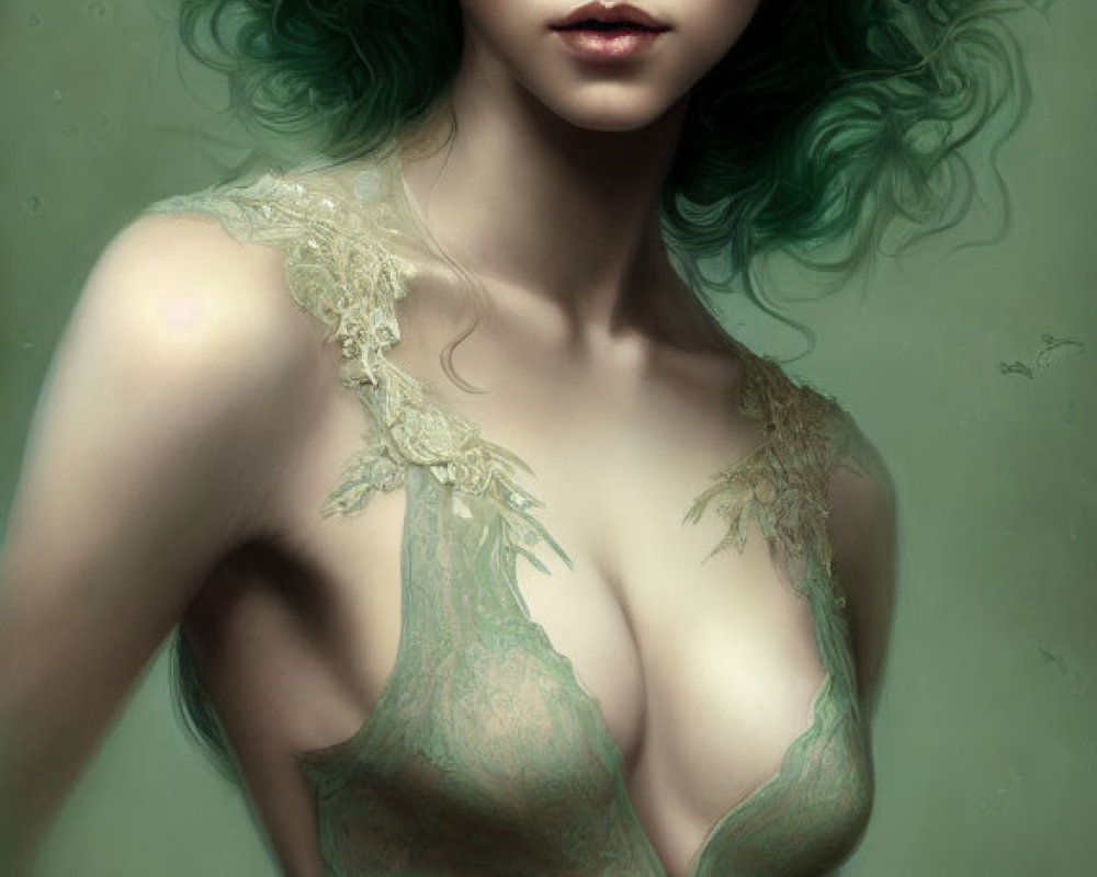 Digital Artwork: Woman with Green Hair and Mystical Makeup in Lace Garment