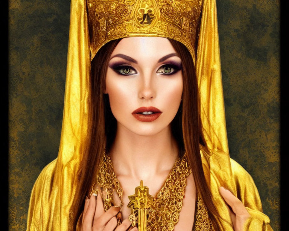 Woman with striking makeup wearing golden crown and robe holding cross necklace on textured backdrop