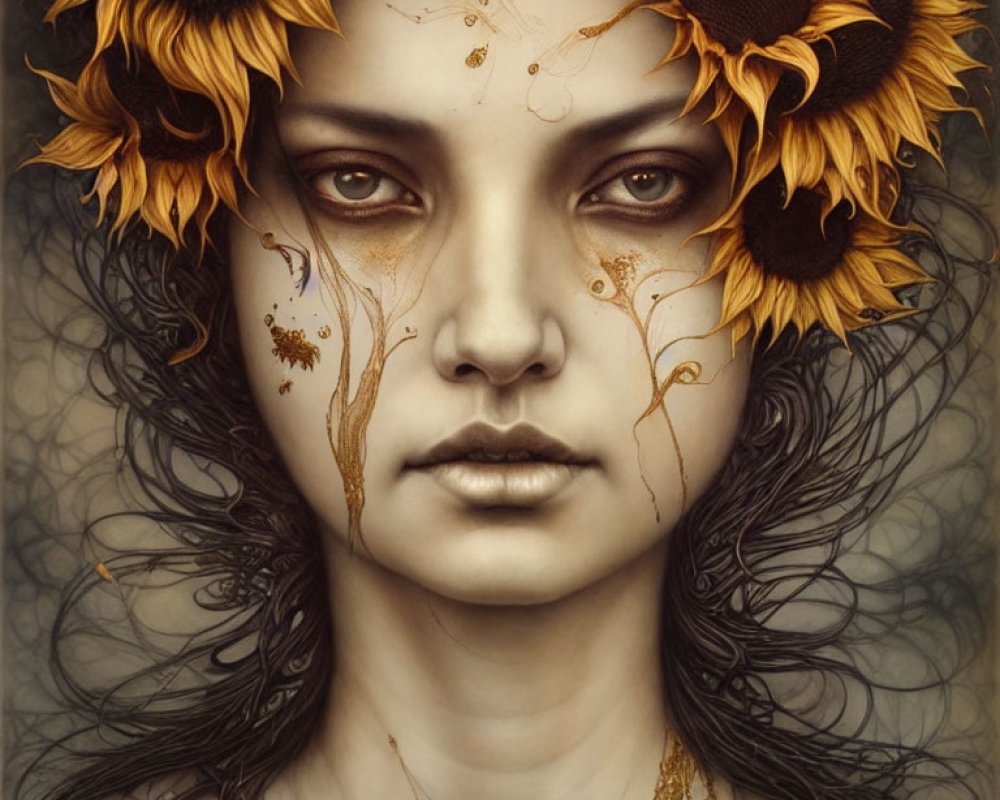 Portrait of person with serene expression, sunflowers in hair, and golden face patterns