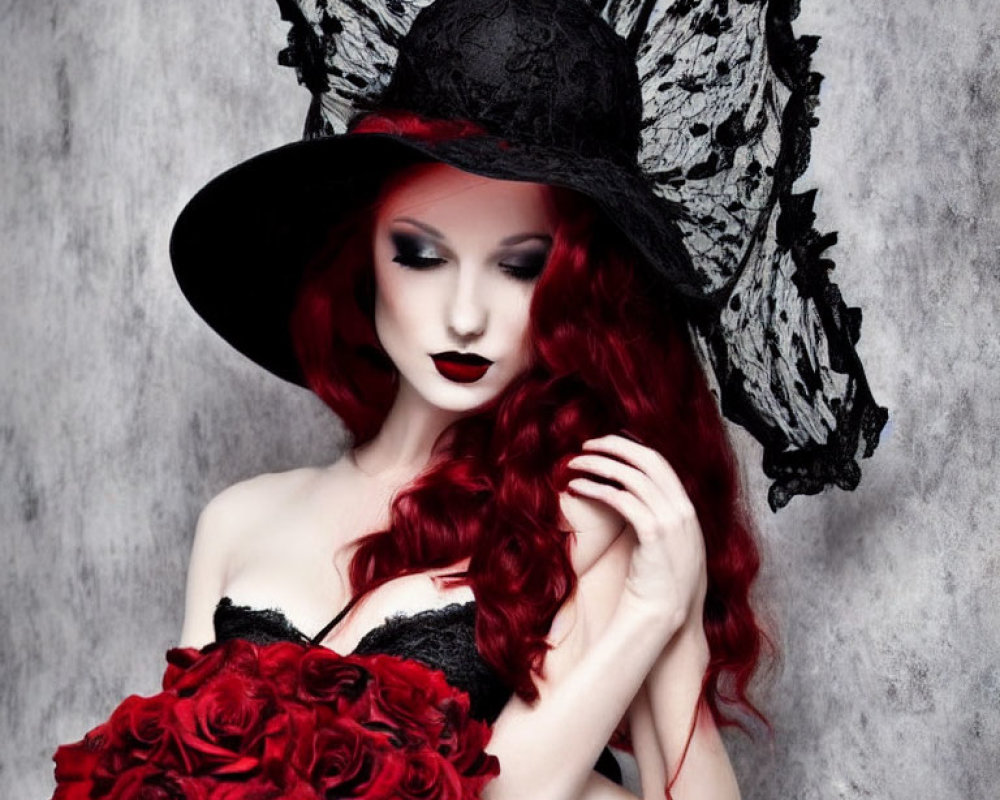 Woman with Red Hair in Black Lace Hat Holding Red Roses on Grey Background