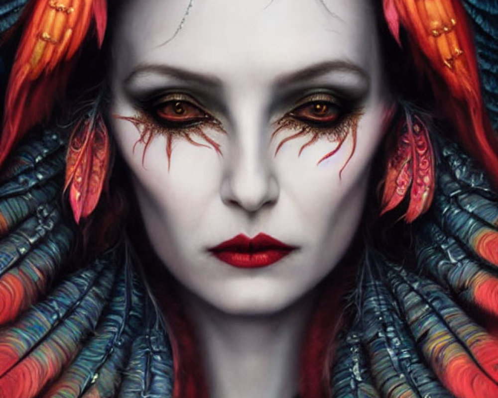 Stylized fantasy portrait of female figure with black hair and red eyes