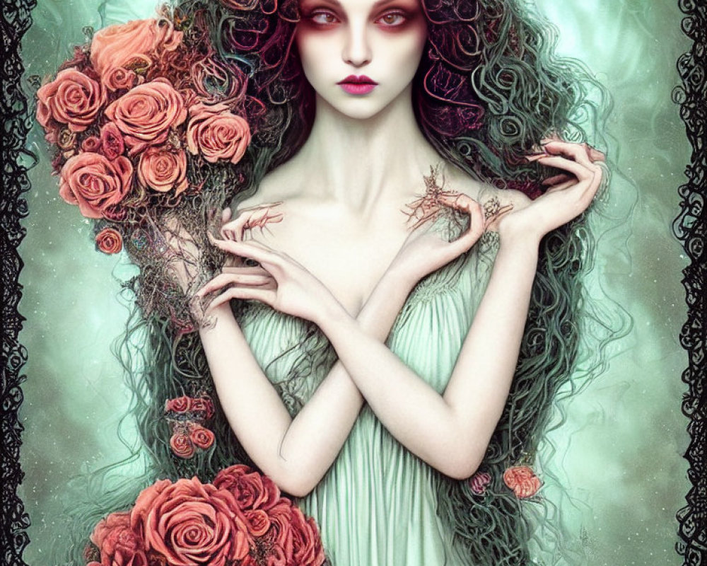 Surreal portrait of woman with pale skin, adorned with vibrant roses in curly hair, delicate hands