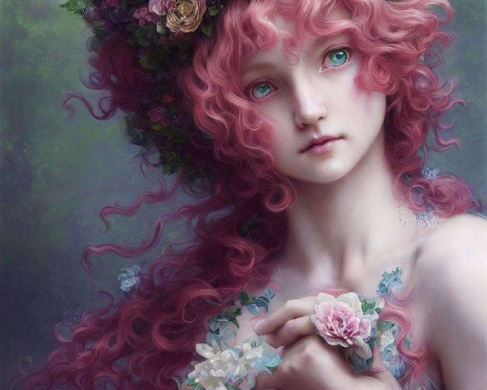 Ethereal figure with pink curls, emerald eyes, and floral crown in misty green backdrop