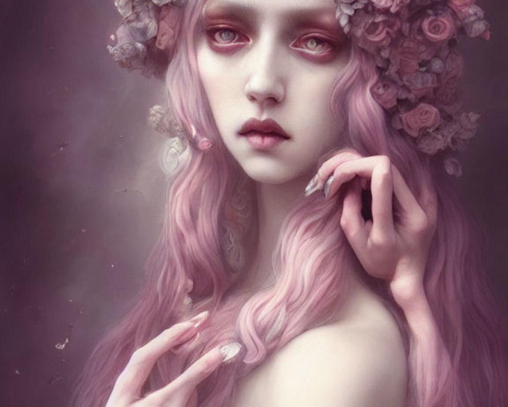 Portrait: Pale-skinned person with pink wavy hair and rose crown, emanating mystical aura