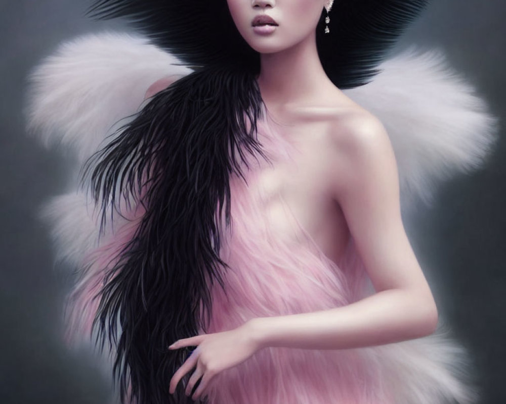 Avant-garde black and pink feathered outfit on woman with dark hair