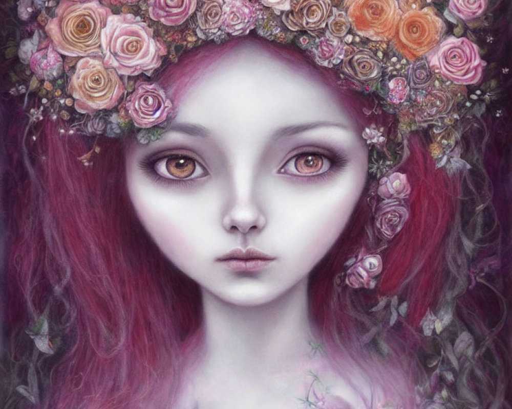 Surreal portrait of person with purple eyes and pink hair in floral crown