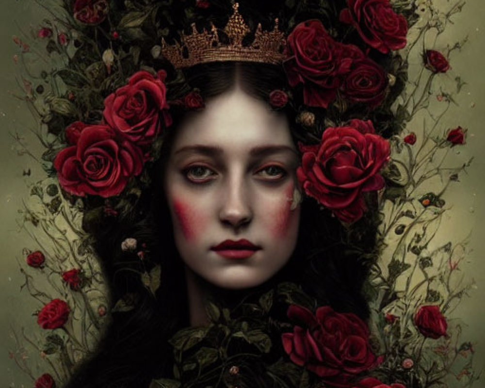 Somber woman with crown surrounded by red roses and reflection with rose-covered eyes