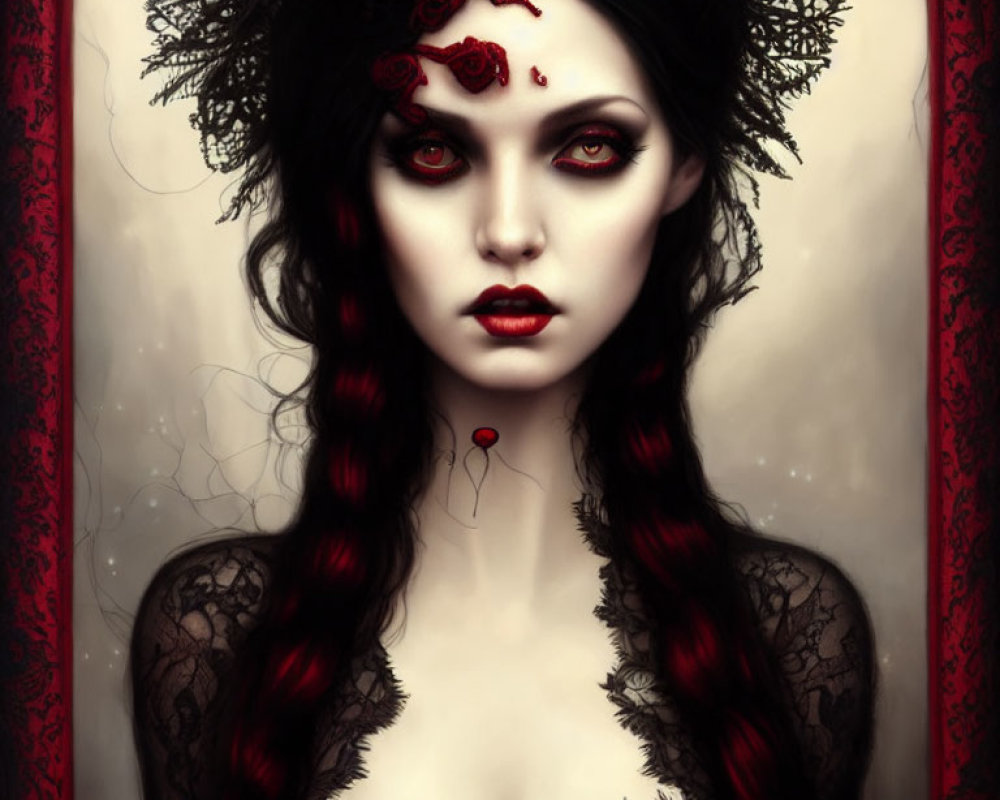 Gothic portrait of woman with red and black hair, pale skin, red eyes, and elaborate