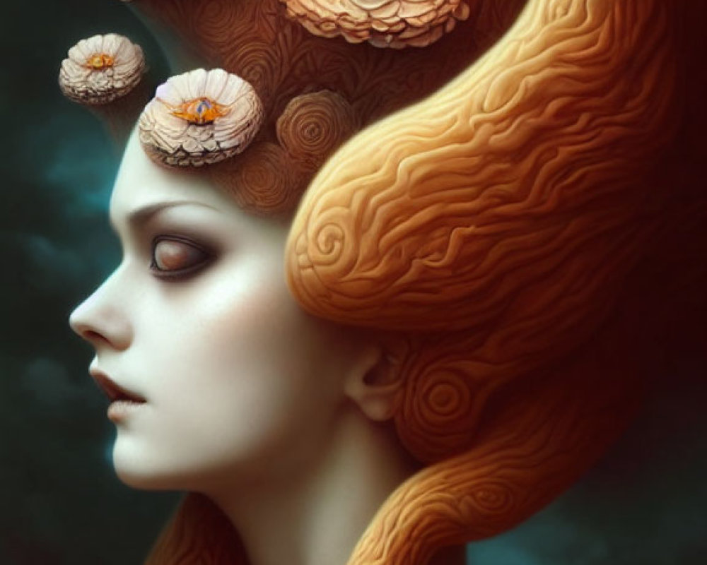 Surreal portrait of woman with orange cloud-like hair and blooming white flowers