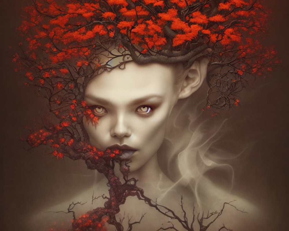 Portrait of person with tree branches for hair, vibrant red leaves, purple eyes.