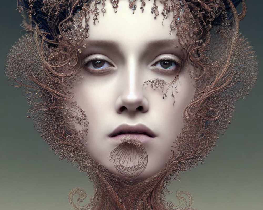 Intricate metal filigree hair in surreal portrait