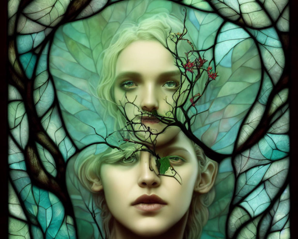 Surreal portrait: entwined faces, leaves, branches, stained-glass backdrop