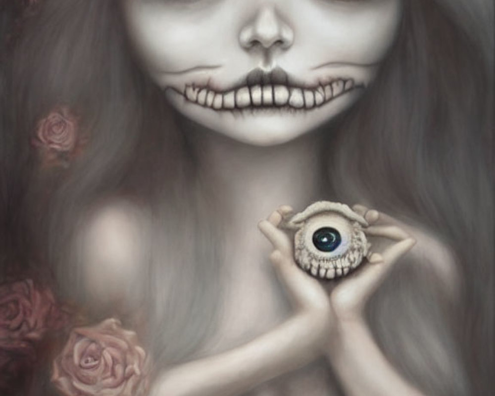 Surreal portrait of figure with skeletal grin holding eyeball, surrounded by roses