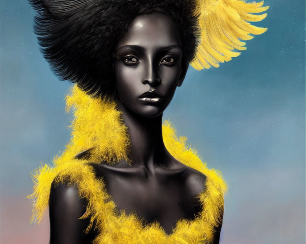 Stylized portrait of a person with dark skin and feathered headpiece against cloudy sky.