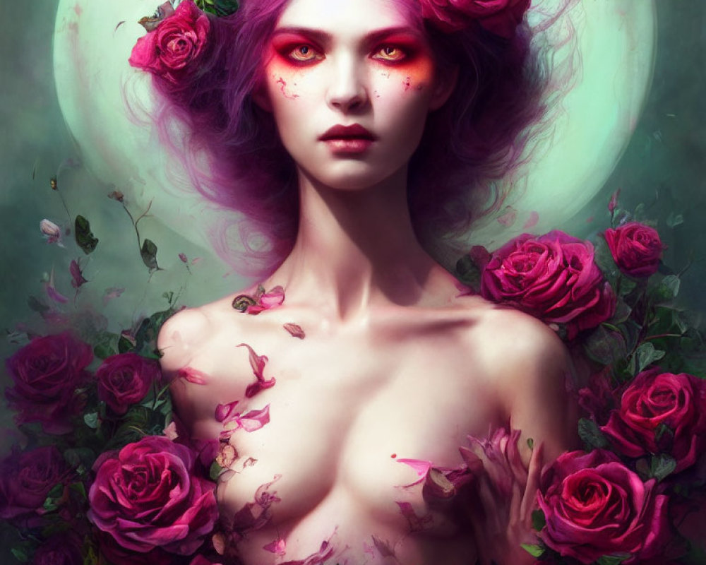 Digital artwork of mystical woman with purple eyes, floral crown, surrounded by blooming roses