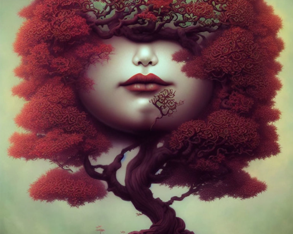 Surreal portrait of woman with tree trunk neck and red leaf hair