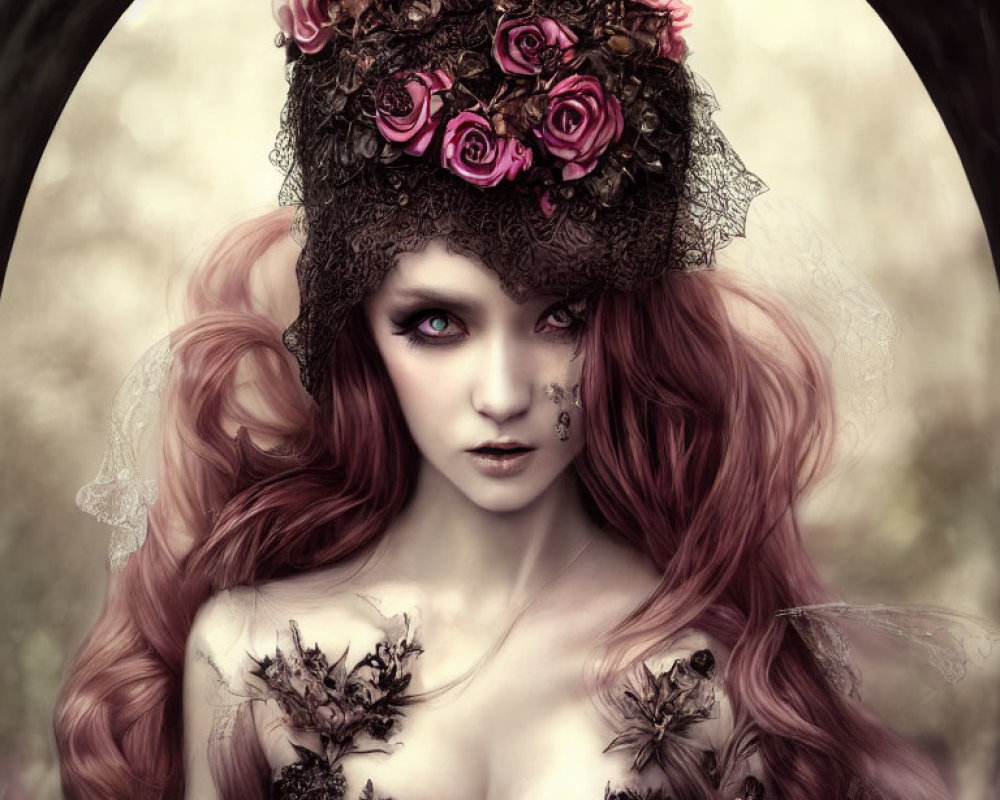 Woman with Long Pink Hair and Floral Crown Portrait