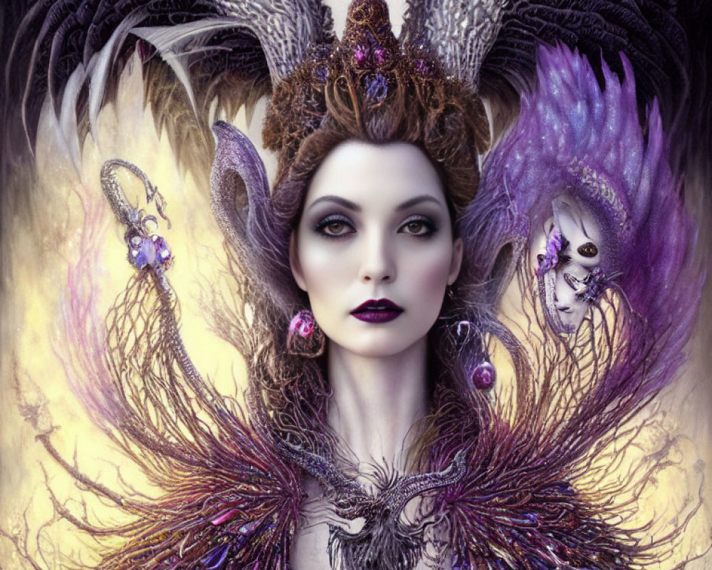 Woman with fantasy makeup, crown, mystical wings, and glowing light.