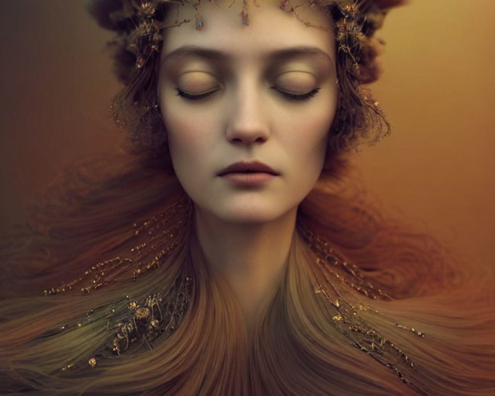 Surreal portrait of woman with intricate gold headdress