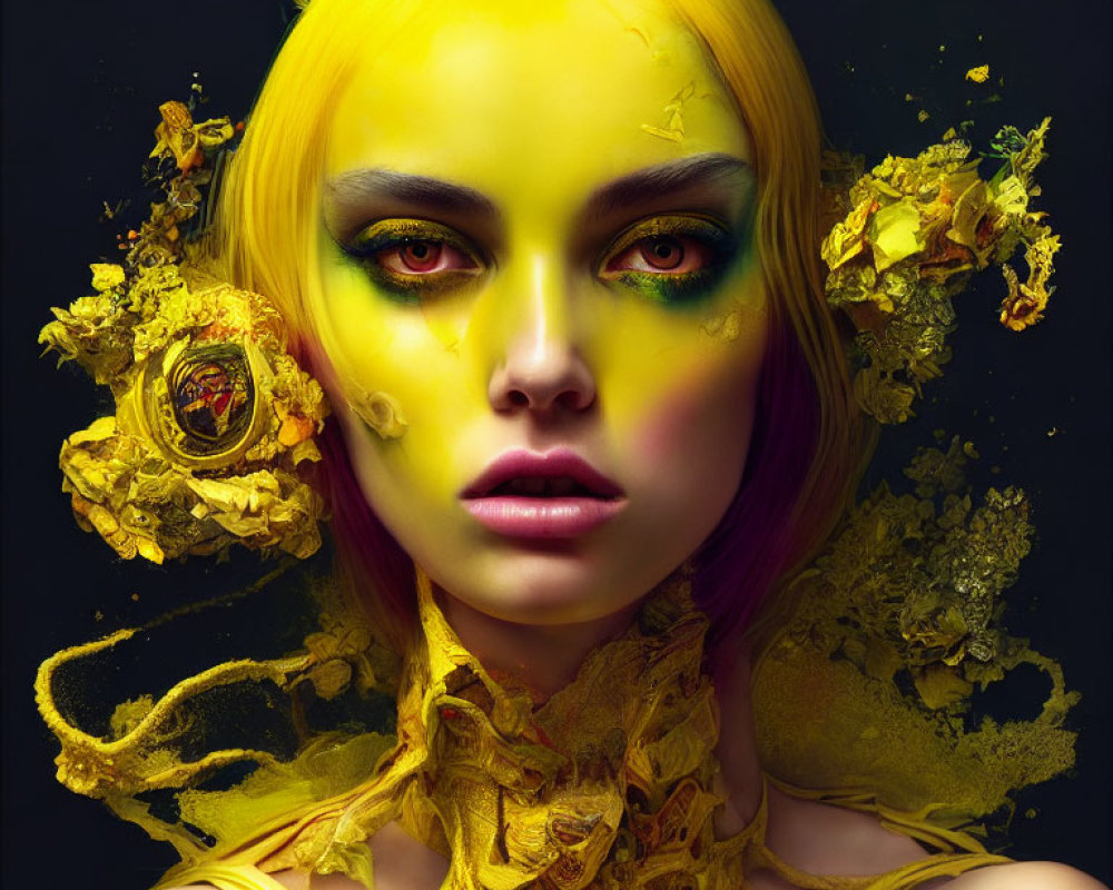 Vibrant yellow makeup and floral hair adorn avant-garde portrait