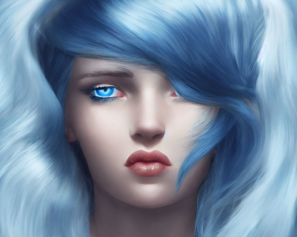 Digital artwork: Woman with Blue Hair & Eyes, Red Lips