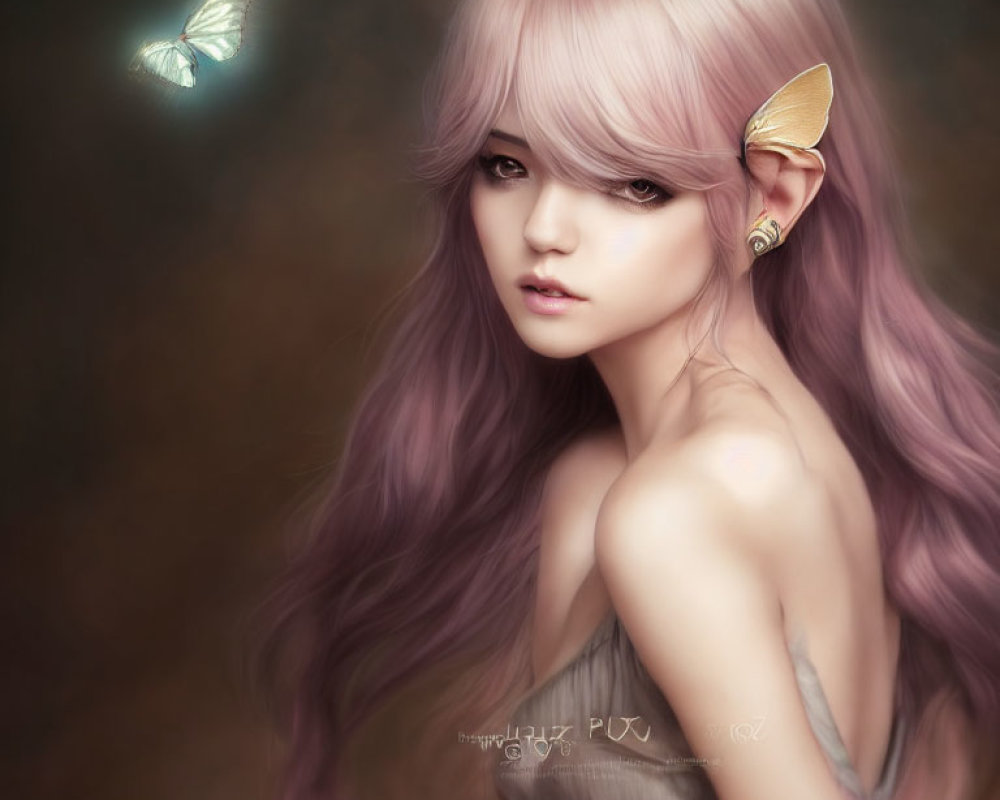 Fantasy portrait of female with pointed ears and lilac hair gazing at glowing butterfly on brown backdrop