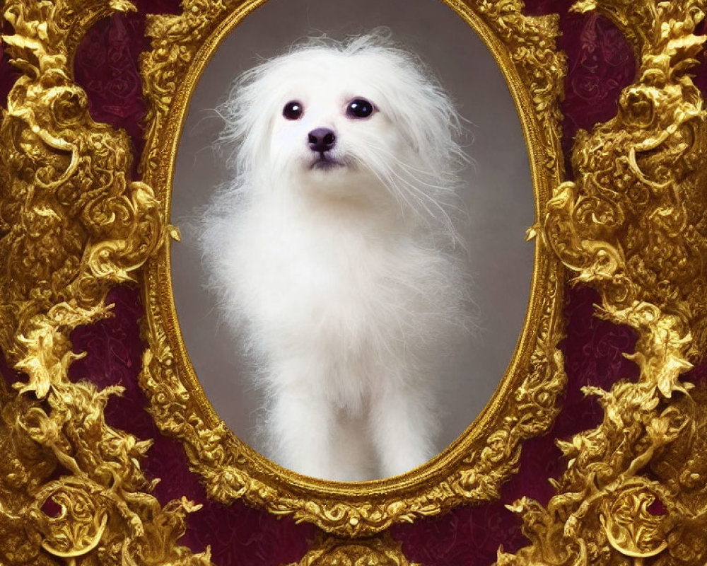 Fluffy white dog in ornate gold frame on maroon floral background