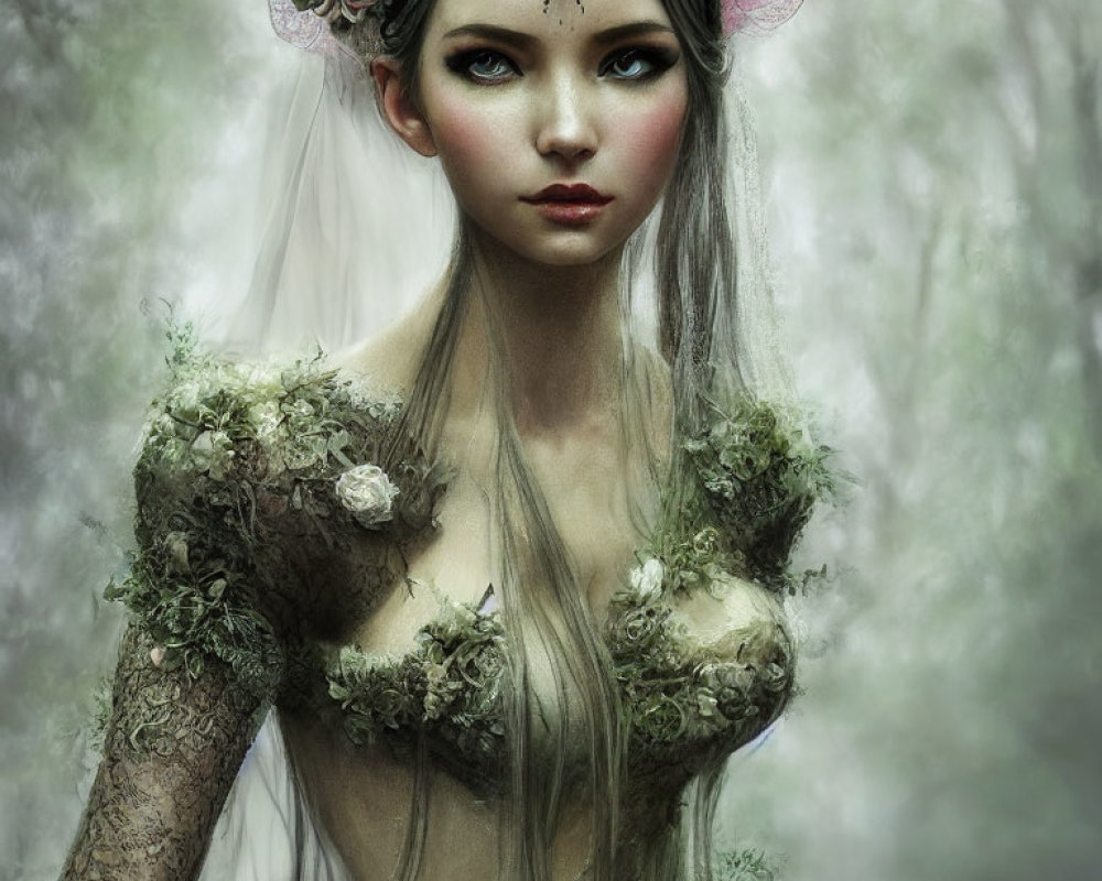 Fantasy elf character in floral dress and hat in misty forest