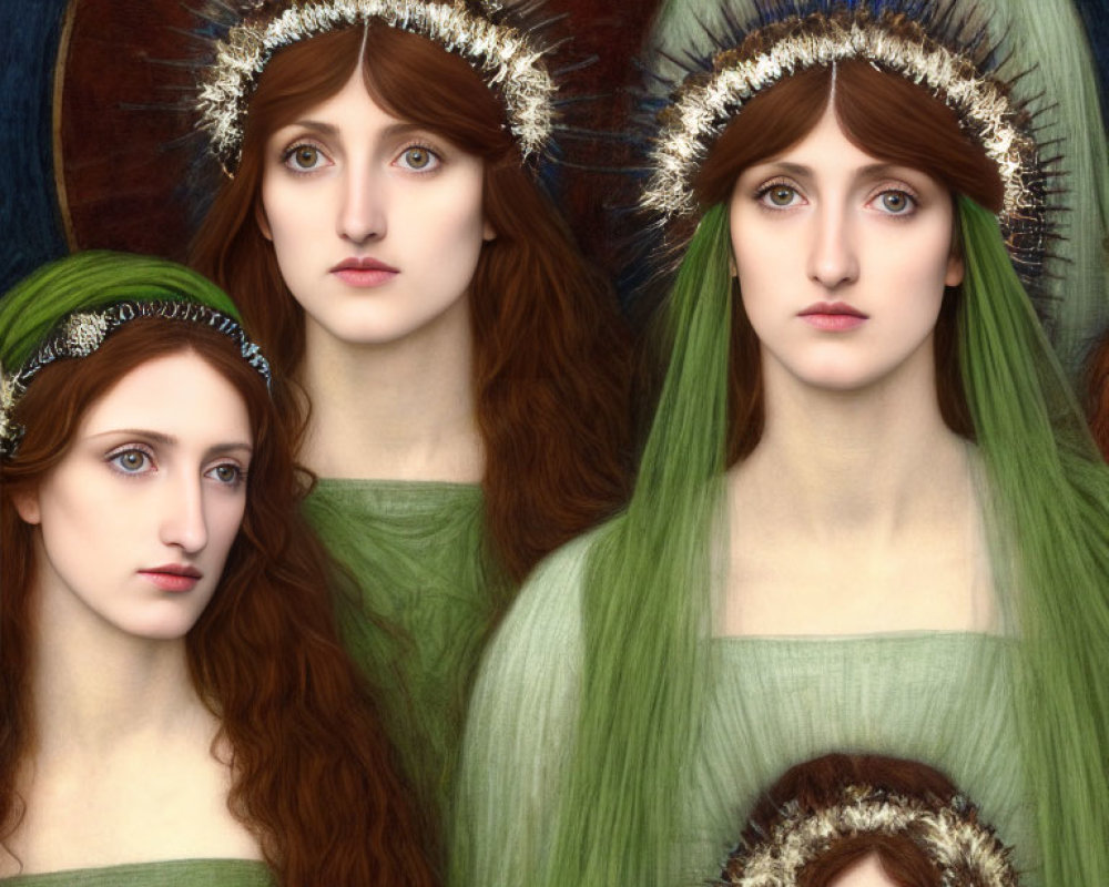 Four Women with Pale Skin and Long Reddish-Brown Hair in Green Dresses and Halos on Blue