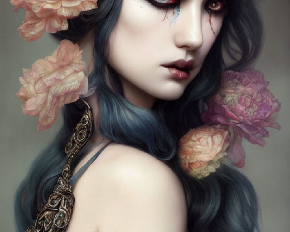 Blue-haired person with peach flowers, red eyes, and ornate shoulder jewelry gazes back.