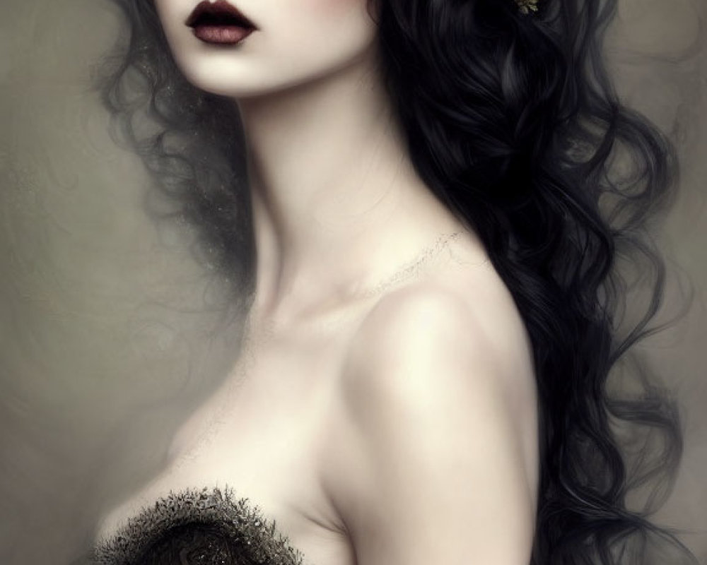 Portrait of a Woman with Pale Skin, Dark Hair, Flower Crown, and Black Lace Dress