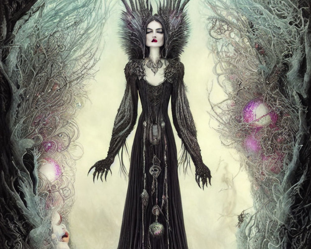 Elaborate dark fantasy queen in mystical forest setting