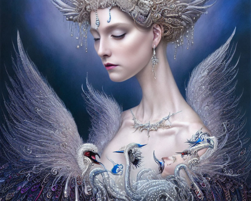 Elaborate headdress and jewelry on regal woman with swans