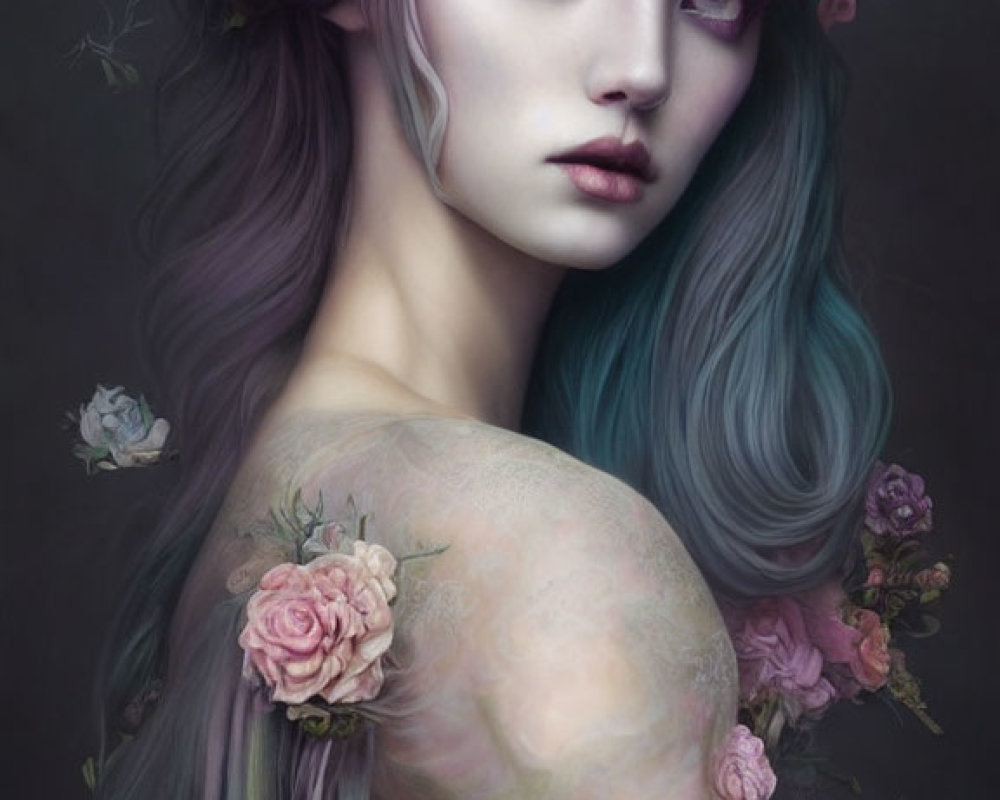 Fantasy Artwork of Woman with Floral Crown and Purple Eyes