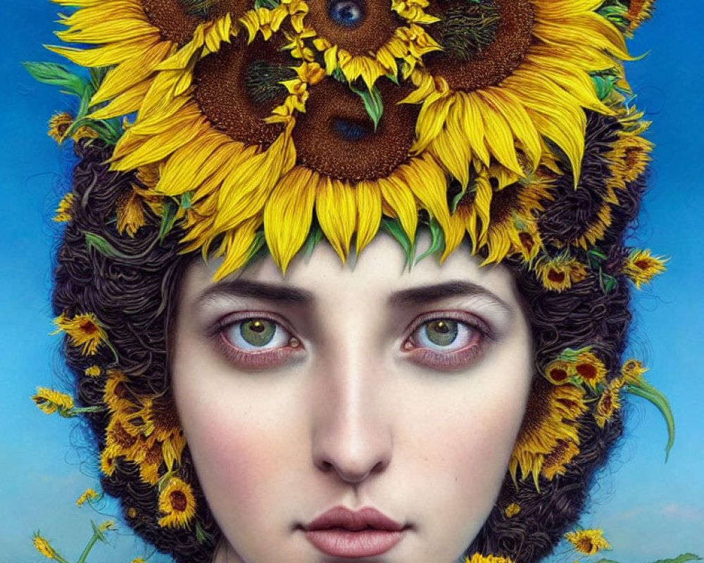 Digital Artwork: Person with Dark Curly Hair and Sunflower Headdress