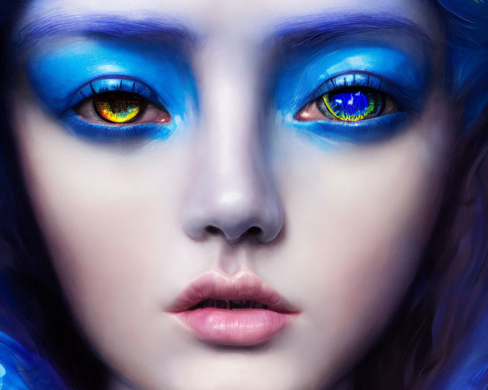 Close-Up Digital Artwork: Person with Striking Blue Skin and Yellow-Blue Eyes