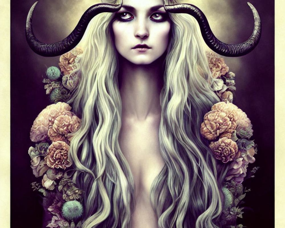 Fantasy portrait of woman with long hair and horned headdress surrounded by flowers