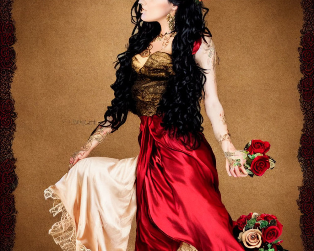 Portrait of Woman with Black Hair and Red Flowers in Gold Dress Holding Rose