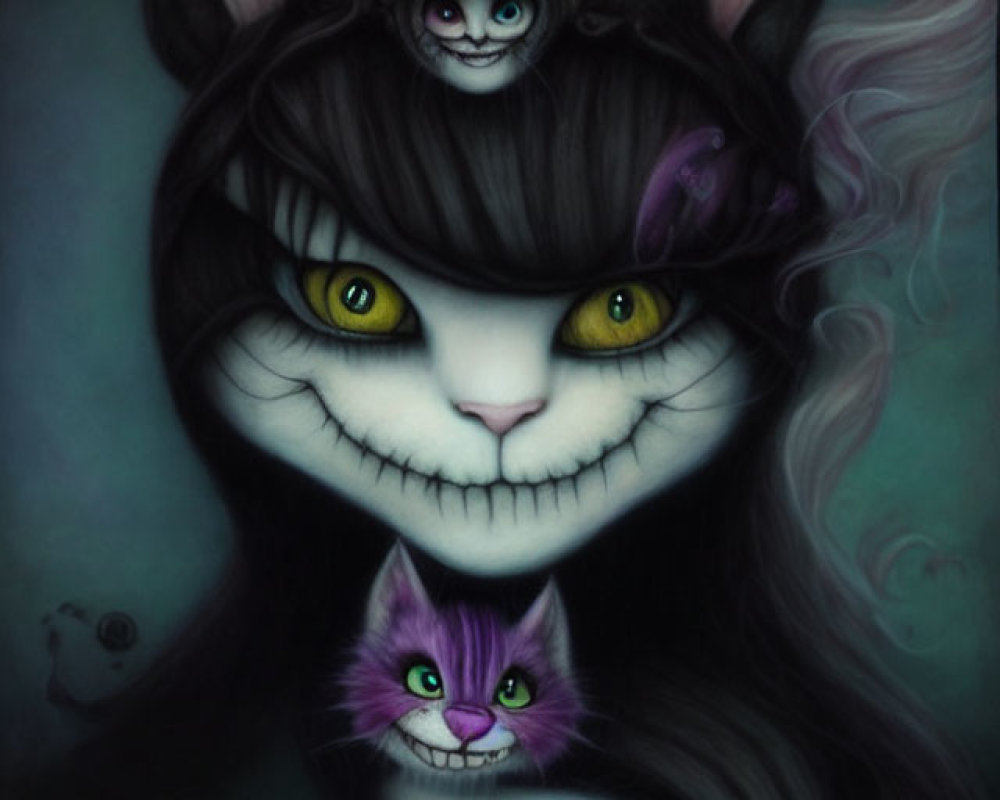 Whimsical Cheshire Cat illustration with wide grin and yellow eyes