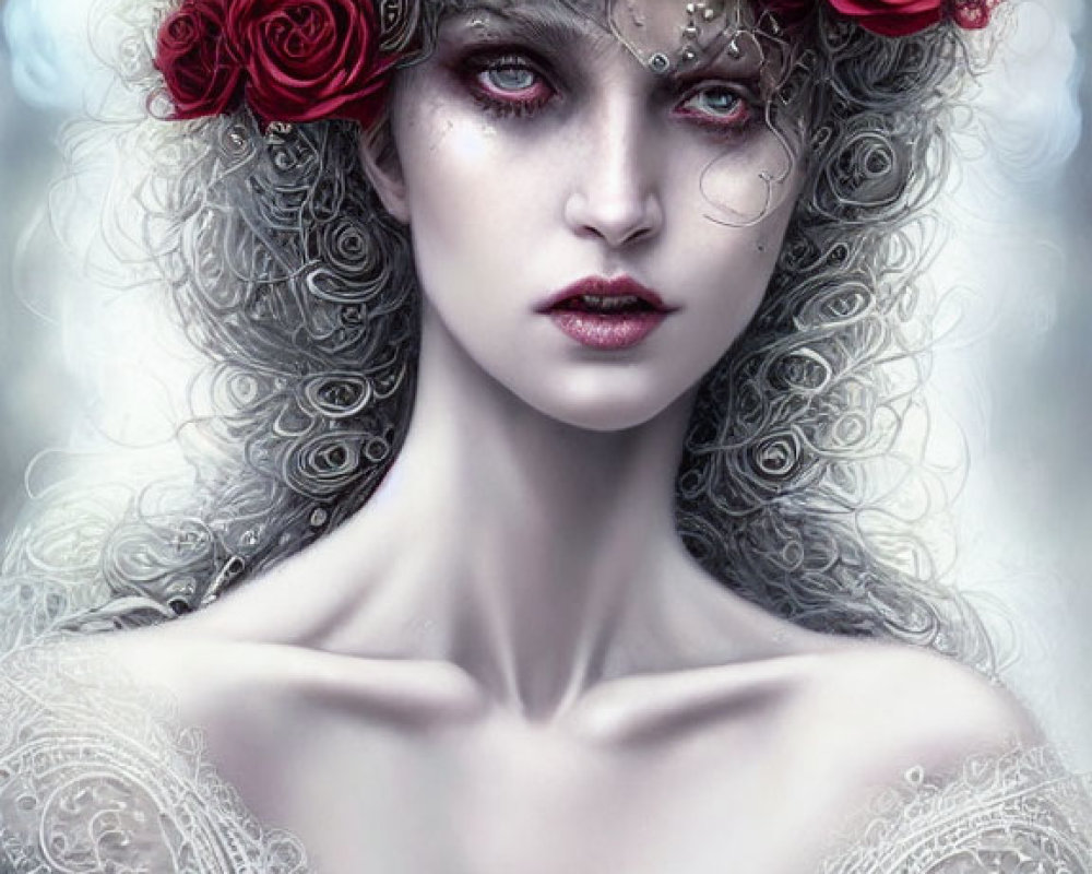 Pale woman with gray eyes wearing red rose crown and lace attire in misty setting