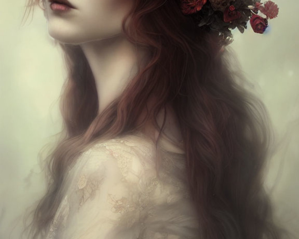 Portrait of person with red hair and floral crown in dreamlike setting