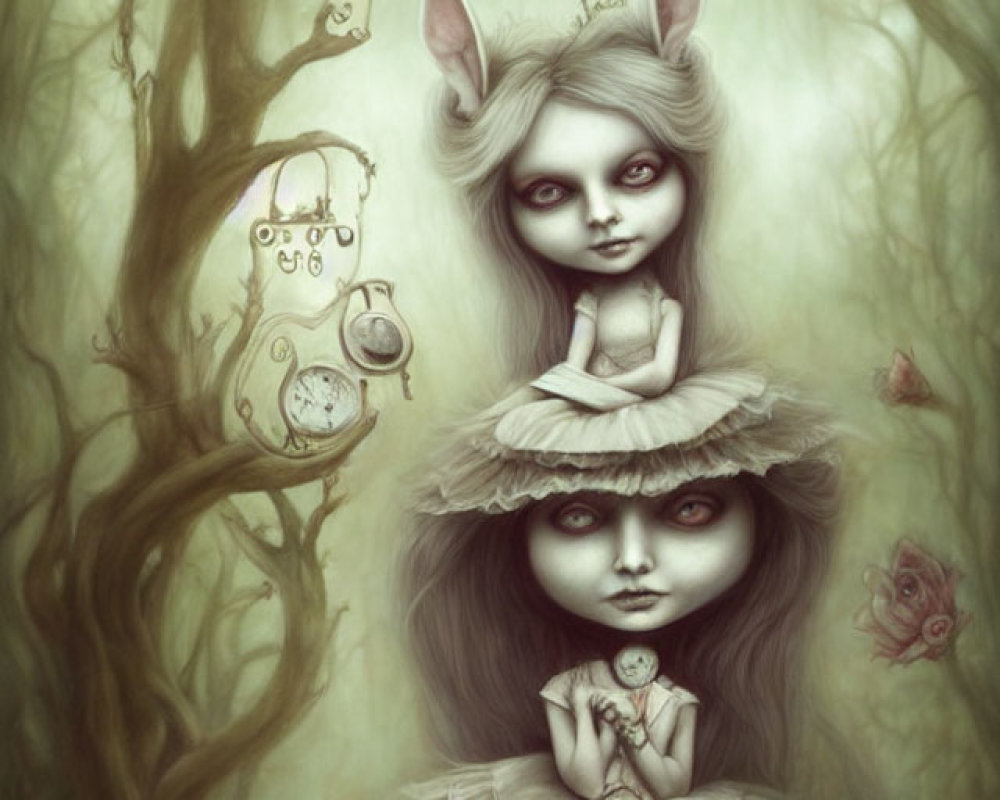 Whimsical fairy-like characters in forest with roses and pocket watches